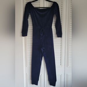 FashionNova Navy Blue Velvet Off Shoulder Longsleeve Jumpsuit XS Extra Small